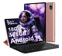 DMOAO Tablet 10 Pulgadas Android 14 con 5G Wi-Fi 6, FHD Tablet con 18 GB RAM + 128 GB ROM (Ampliable a 1TB), Widevine L1, 8 Cores, BT 5.0, 6000mAh, USB-C, Teclado + Ratón + Funda, Nero, Oro Rosa