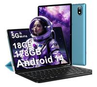 DMOAO Tablet 10 Pulgadas Android 14 con 5G Wi-Fi 6, FHD Tablet con 18 GB RAM + 128 GB ROM (Ampliable a 1TB), Widevine L1, 8 Cores, BT 5.0, 6000mAh, USB-C, Teclado + Ratón + Funda, Azul Cielo