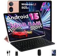 DMOAO Tablet 10 Pulgadas Android 15 con Gemini AI, 30 GB RAM + 2 TB ROM Expansión, 5G WiFi, GPS, Widevine L1, Octa-Core, BT 5.0, 6000mAh, USB-C, FHD Tablet con Teclado+ Ratón + Funda, Dorado