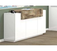 Dmora Credenza Renzo, Madia da cucina a 4 Ante, Buffet da soggiorno, 100% Made in Italy, cm 140x45h86, Bianco lucido e Acero