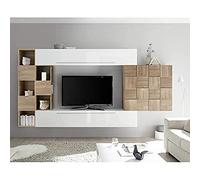 Dmora Pared, Mueble para TV suspendido con armarios, salón Moderno Completo, Fabricado en Italia, 210 x 35 x 33 cm, Color Blanco y Roble