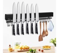 Dmore Barra magnética para cuchillos con 10 ganchos, 50 cm, soporte magnético negro con barra de ganchos, soporte magnético extremadamente autoadhesivo, incluye cinta adhesiva y tornillos, para
