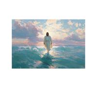 DMZPKZB Decoración de pared con pintura cristiana Jesús, las olas Imagen y póster impresos de Cristo Dios para sala de estar, dormitorio y iglesia(Azul-60x90cm Sin marco