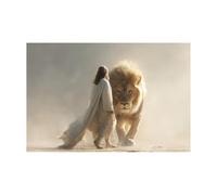 DMZPKZB Decoración de pared con pintura cristiana Jesús y el león Imagen y póster impresos de Cristo Dios para sala de estar, dormitorio y iglesia(Blanco-60x90cm Sin marco
