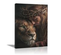 DMZPKZB Decoración de pared con pintura cristiana Jesús y el león Imagen y póster impresos de Cristo Dios para sala de estar, dormitorio y iglesia(Marrón-80x120cm Enmarcado