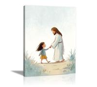 DMZPKZB Decoración de pared con pintura cristiana Jesús y la niña Imagen y póster impresos de Cristo Dios para sala de estar, dormitorio y iglesia(Blanco-60x90cm Enmarcado