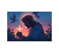 DMZPKZB Decoración de pared con pintura cristiana Paloma blanca, Cruz Imagen y póster impresos de Cristo Dios para sala de estar, dormitorio y iglesia(Azul-70x100cm Sin marco