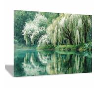 DMZPKZB Pintura de paisajes naturales Lagos y flores decoración de pared con impresión en lienzo,obra de arte para dormitorio,sala de estar,pasillo,iglesia（verde-50x70cm Enmarcado