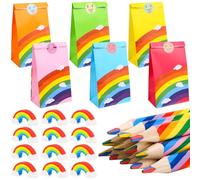 Dncvb 36 Pcs Lápices de Colores Arcoíris Set, 12 Lapices, 12 Borrador, 12 Bolsitas para Regalos de Arcoiris para Fiestas, Halloween, Navidad