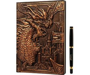 DND Cuaderno / Libreta de 200 Páginas con Dragón de Bronce 3D Cuero Sintético - Notebook, Diario, Journal Compatible con D&D, Dungeons & Dragons, Dragones y Mazmorras, RPG. Regalo para Dungeon Master