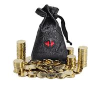 DND Fantasy Monedas 50 fichas de tesoro de metal dorado antiguo con bolsa de cuero - botín de juegos, accesorios y accesorios para mazmorras y dragones, juego de mesa o cartas, LARP y cosplay