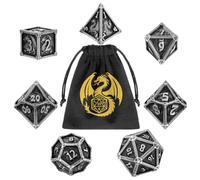DND Juego de dados de metal, tema de dragón, 7 piezas, dados de metal poliédrico, RPG, MTG, juego de rol, accesorios de juego de mesa, regalos D&D, D20, D12, 2 D10 (00-90 y 0-9), D8, D6 y D4, plata