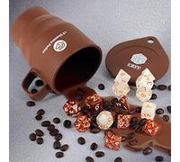 DND - Juego de dados temáticos de café y azúcar (14 piezas) con +3 tazas de silicona de poción de resistencia para almacenamiento, 7 dados poliédricos de resina acrílica para juegos de Dungeons and