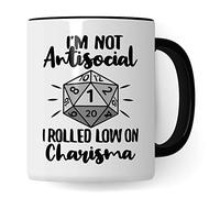 DnD Roleplay Taza, I'm not Antisocial - I rolled low on Charisma Spruch, regalo de juego de rol con texto en alemán D20 Dice, Pen & Paper Tabletop D20, diseño de cubos, taza de café, idea de regalo