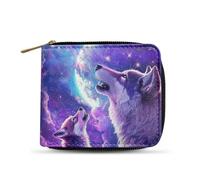 Dngkaoje Cartera plegable con cremallera para hombre, piel sintética, con múltiples ranuras para tarjetas, organizador de dinero casual, Lobo estrellado morado, L4.9xW1xH4.2 inches