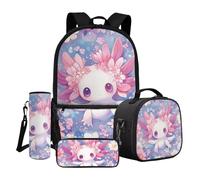 Dngkaoje Juego de 4 mochilas escolares para niños, con lonchera aislada, estuche para lápices, portabotellas de agua, Kawaii - Axolotl rosa, L11.02xW5.12xH17.32 inches, Juego de mochila escolar