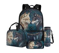 Dngkaoje Juego de mochila escolar 4 en 1 para niños, mochila con fiambrera, estuche para lápices, soporte para botella de agua, Dream Net Wolf Style
