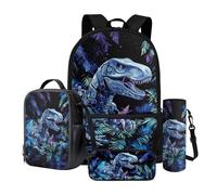 Dngkaoje Juego de mochila escolar 4 en 1 para niños, mochila escolar de gran capacidad con lonchera y funda para botella de agua, Dinosaurio hegemonía