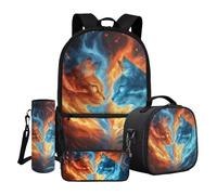 Dngkaoje Mochila escolar de 4 piezas para niños y niñas con lonchera y estuche para botellas de agua, Water Flame Cool Cats, L11.02xW5.12xH17.32 inches, Juego de mochila escolar