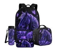 Dngkaoje Mochila escolar de 4 piezas para niños y niñas con lonchera y estuche para botellas de agua, Caballo mariposa morado, L11.02xW5.12xH17.32 inches, Juego de mochila escolar