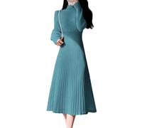 Dninmim Vestido de cuello alto casual midi de punto para mujer, de línea A, plisado, otoño invierno, túnica cian talla L
