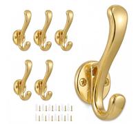 Dntorx Paquete de 6 ganchos para colgar abrigos, ganchos de pared dorados resistentes de metal doble gancho para toallas de baño, gancho de puerta para colgar abrigos, toallas, batas y ropa