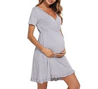 Doaraha Camisón Lactancia Algodón Mujer Ropa de Dormir Premamá Hospital Vestido de Maternidad Embarazo Pijama Embarazadas Camisones Embarazada Manga Corta Suave (B# Gris - Manga Corta, XL)