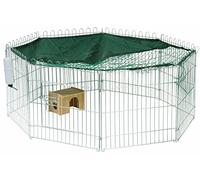 dobar 80606 8 Recinto Grande XL para Conejos de Metal con Red de Nailon, casita de Madera y Botella, para Exteriores, Resistente a la Intemperie, 135 x 135 x 56 cm, Color Plateado