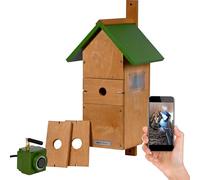 dobar® Caja Nido Grande con Techo Puntiagudo de Madera, Incluye cámara HD WiFi y aplicación con Agujeros de Entrada Intercambiables, 25,5 x 22,5 x 53 cm, Color Verde y marrón