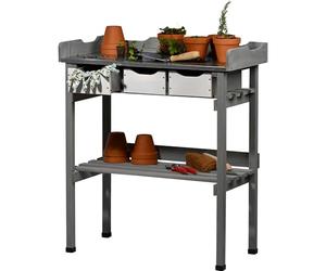 dobar® Mesa para Plantas con 3 cajones y Estante, Mesa de Flores de Madera Maciza con Tapas Protectoras, Mesa de jardín Exterior con encimera galvanizada, 78 x 38 x 88 cm, Color Gris y Blanco