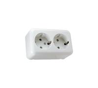 Doble base Schuko de superficie con 2 tomas, conexión a tierra, ideal para hogares y oficinas, permite conectar múltiples dispositivos eléctricos.