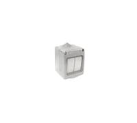 Doble conmutador estanco IP55, 10A, 250V; ideal para control de iluminación en exteriores y ambientes húmedos.