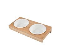 Doble Cuenco de cerámica con Soporte bambú Natural D12 cm, 29,5 x 14 cm, Color Blanco
