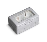 Doble enchufe IP55 de superficie, resistente al agua y al polvo, ideal para exteriores y ambientes industriales.