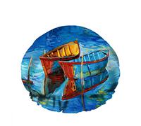 Doble impermeable Gorro de baño Barcos Mar Puesta de sol Agua Arte Color azul Puerto Reutilizable Gorro de ducha de moda para mujeres Belleza, BathHair Spa, Home Hotel Travel Use