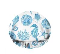 Doble impermeable Gorro de ducha de baño Conchas marinas Corales Estrella de mar Perla Caballito de mar Algas Océano Azul Reutilizable Gorro de ducha de moda para mujeres Belleza, BañoPelo Spa, Hoga