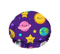 Doble impermeable Gorro de ducha de baño Dibujos animados lindos Kawaii Planets Cosmos Star Meteor Rocket Reutilizable Gorro de ducha de moda para mujeres Belleza, BathHair Spa, Home Hotel Travel Us