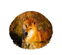 Doble impermeable Gorro de ducha de baño Hermoso perro Shiba Inu feliz tumbado Hierba Puesta de sol dorada Gorro de ducha de moda reutilizable para mujeres Belleza, BathHair Spa, Home Hotel Travel U