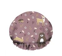 Doble impermeable Gorro de ducha de baño Rabbi Dear Bear Wildlife Hedgehog Sika Flores de primavera Gorro de ducha de moda reutilizable para mujeres Belleza, BathHair Spa, Home Hotel Travel Use