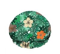 Doble impermeableGorro de baño para ducha Floral étnico Hibisco Flores Hojas Palma Verde Flor Reutilizable Sombrero de ducha de moda para mujeres Belleza, BathHair Spa, Home Hotel Travel Use