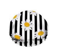 Doble impermeableGorro de baño para ducha Flores de margaritas Rayas blancas y negras Bloom Floral Chamomile Gorro de ducha de moda reutilizable para mujeres Belleza, BathHair Spa, Home Hotel Travel
