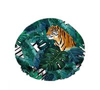 Doble impermeableGorro de baño para ducha Green Jungle Tropical Leaves Tiger Staring Front Palm Reutilizable Fashion Shower Hat para mujer Belleza, BathHair Spa, Home Hotel Travel Use