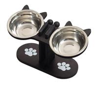 Doble para Mascotas con Base Ajustable en Altura - Recipientes Antideslizante de Acero Inoxidable (Madera, 31x16x15cm) - Ideal Gatitos Cachorros, Comida y Agua, Fácil Limpieza