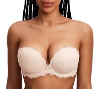 DOBREVA Sujetador de Encaje Push Up sin Tirantes para Mujer con Aros y Relleno Rosa Blanca 85A