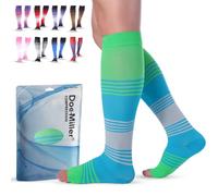 Doc Miller Calcetines de compresión de punta abierta de primera calidad, serie 1 par, 20-30 mmHg, calcetines de compresión sin dedos para mujer, Puntera abierta, verde, azul y gris, X-Large