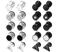 Dochais 10 Pares Pendientes de Aro para Hombre - Set de Acero Quirúrgico con Cruz Colgante Negro y Circonitas en Plata, Diseño Punk