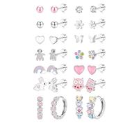 DOCHAIS 14 Pares Pendientes Mujer Acero Inoxidable Juego de Pendientes Niña Hipoalergenicos con Cierre Plano Aros Pequeños Lindos Aretes CZ Mariposa Flor Corazón Joyería Regalos para Bebe Niña Set A