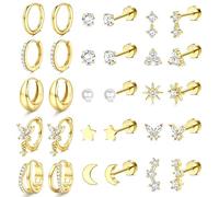 Dochais 15 Pares Pendientes Aro Mujer Acero Quirúrgico Pendiente Chapado En Oro 14K Hipoalergénico Pendientes Set Botón Con Parte Trasera Plana Conjuntos de Pendientes Para Múltiples Piercings Oro