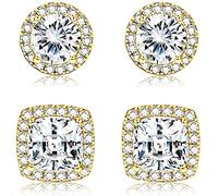 Dochais 2 Pares Pendientes Plata de ley 925 para Hombre Mujer Pendientes Diamante Zirconia Brillante Redondos Cuadrados Oro 14K Pendiente Hipoalergénicos Grandes para Hombres Mujeres Unisex Oro
