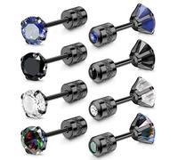 Dochais 4 Pares Titanium Stud Earrings Set, Screw Back Cubic Zirconia Stud Earrings, Hypoallergenic Stainless Steel Stud Earrings For Men Ladies, Double Sided Piercing Sleeper Earrings 6mm (Negro)